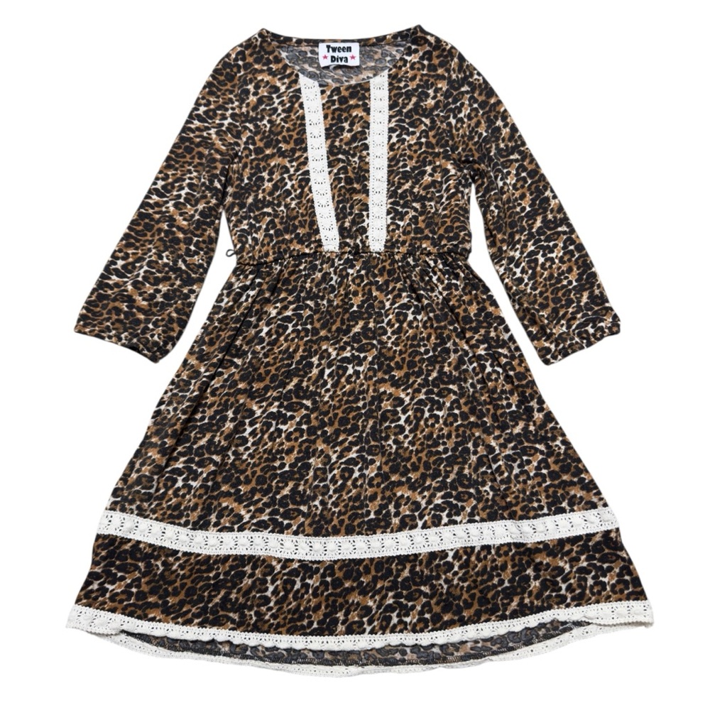Tween Diva Leopard Print Dress Crotchet Trim Y2K Girls Size 6/7 Long Sleeve